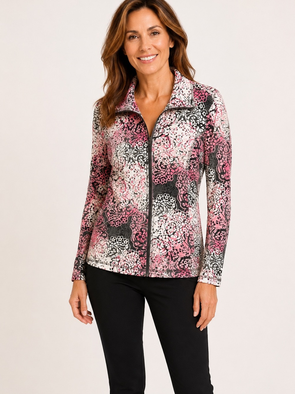 Chico's Pink & Black Floral Zip-Front Utility Jacket